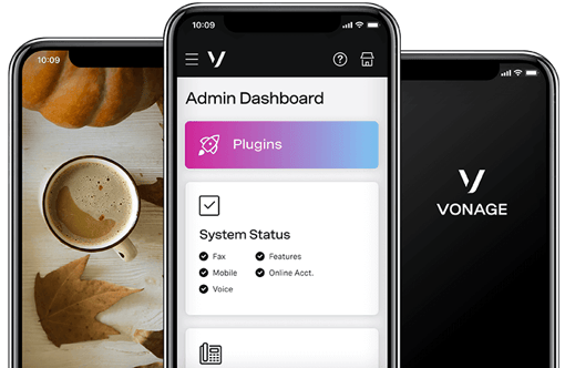 Photo of mobile devices displaying a autumn scene a Vonage product screen & logo