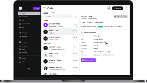 VBC Calls Desktop App Vonage Business Call logs displayed on a Laptop