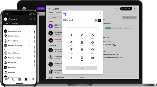 VBC New Call and Contacts Screenshots of a new call on desktop and contact list on mobile of Vonage Business Communications apps